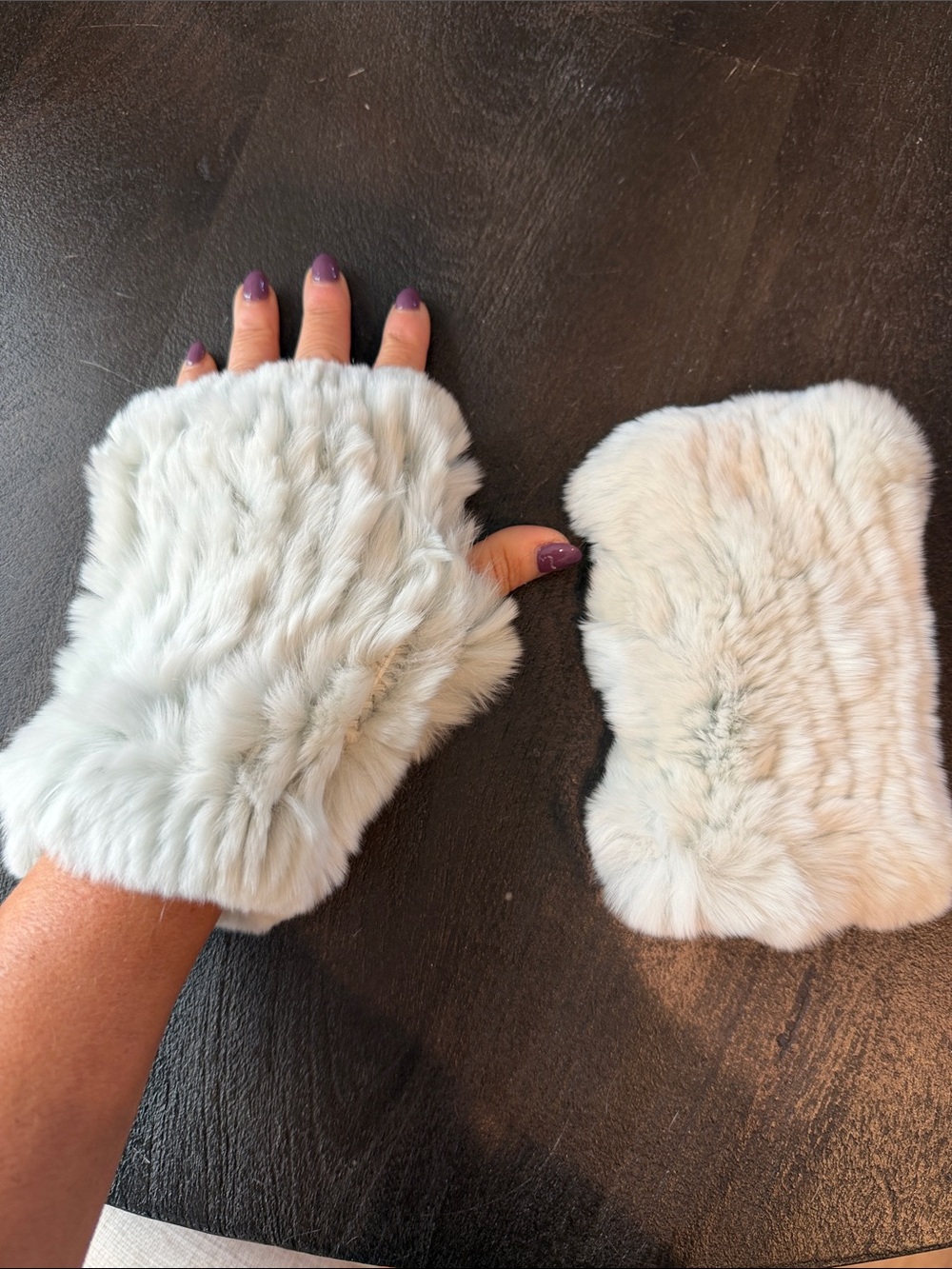 Luxurious Linda Richards fingerless hand warmers 100% rex rabbit fur mint green
